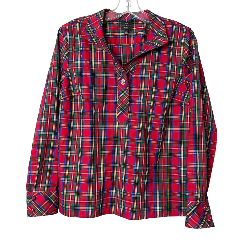 Talbots Plaid Blouse Womens MP Red Stewart Tartan Metallic Non-Iron Top Holiday